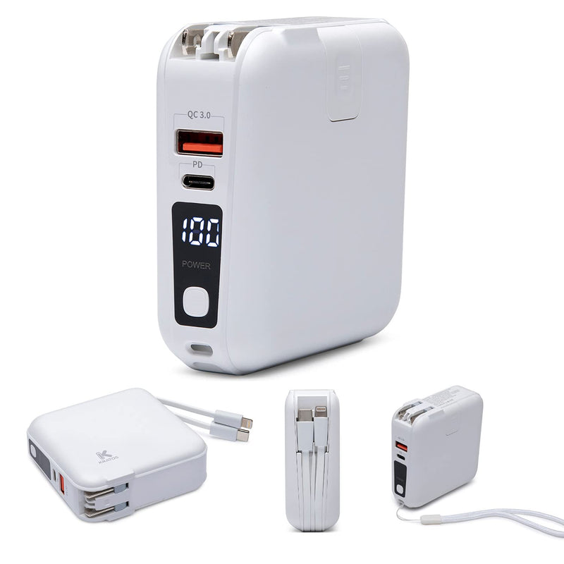 [Australia - AusPower] - Kratos Power 15,000 mAh LED Display 18W PD 4-Output Portable Charger with Built-in AC Plug - 18W PD Type-C, QC3.0 USB-A, Built-in Dual Cables, Smartphone Stand, and Carrying Strap 