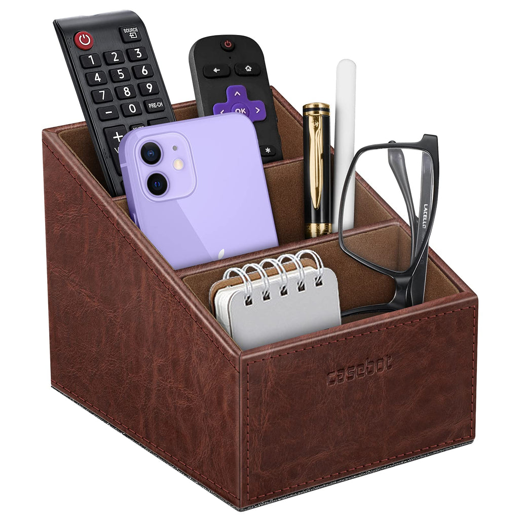 [Australia - AusPower] - CaseBot Remote Control Holder with 3 Compartments - Vegan Leather TV Remote Caddy Desktop Organizer Fits TV Remotes, Media Player, Office Supplies, Makeup Brush, Brown 