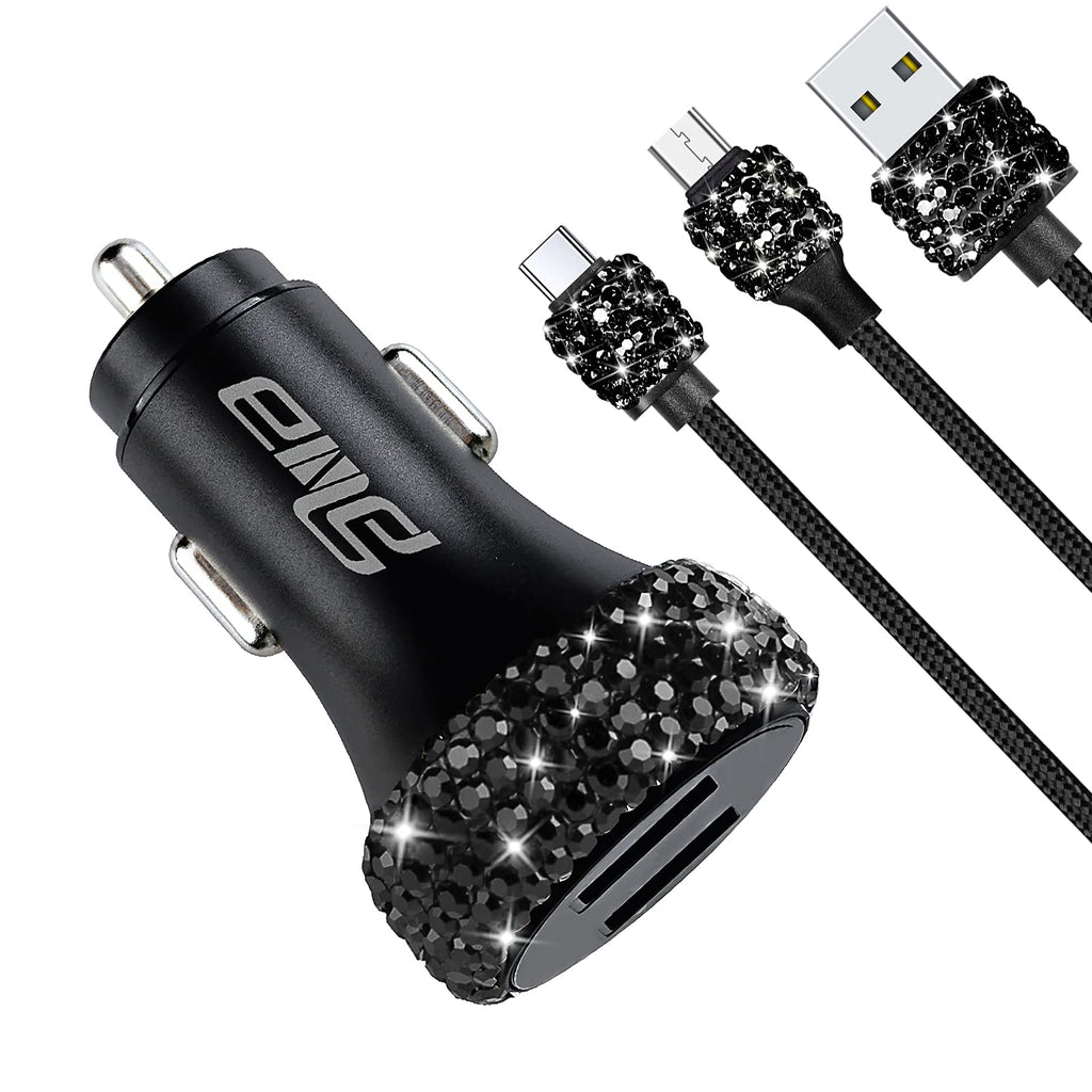 [Australia - AusPower] - eing Car Charger 3 Pack Crystal Rhinestones Cell Phone Set (Bling Dual USB Charger 3.3f Micro USB Cable & USB C Cable) Compatible with Samsung Galaxy Android Bling Accessories for Women Girls, Black C5 - Car Charger+USB Cable - Black 