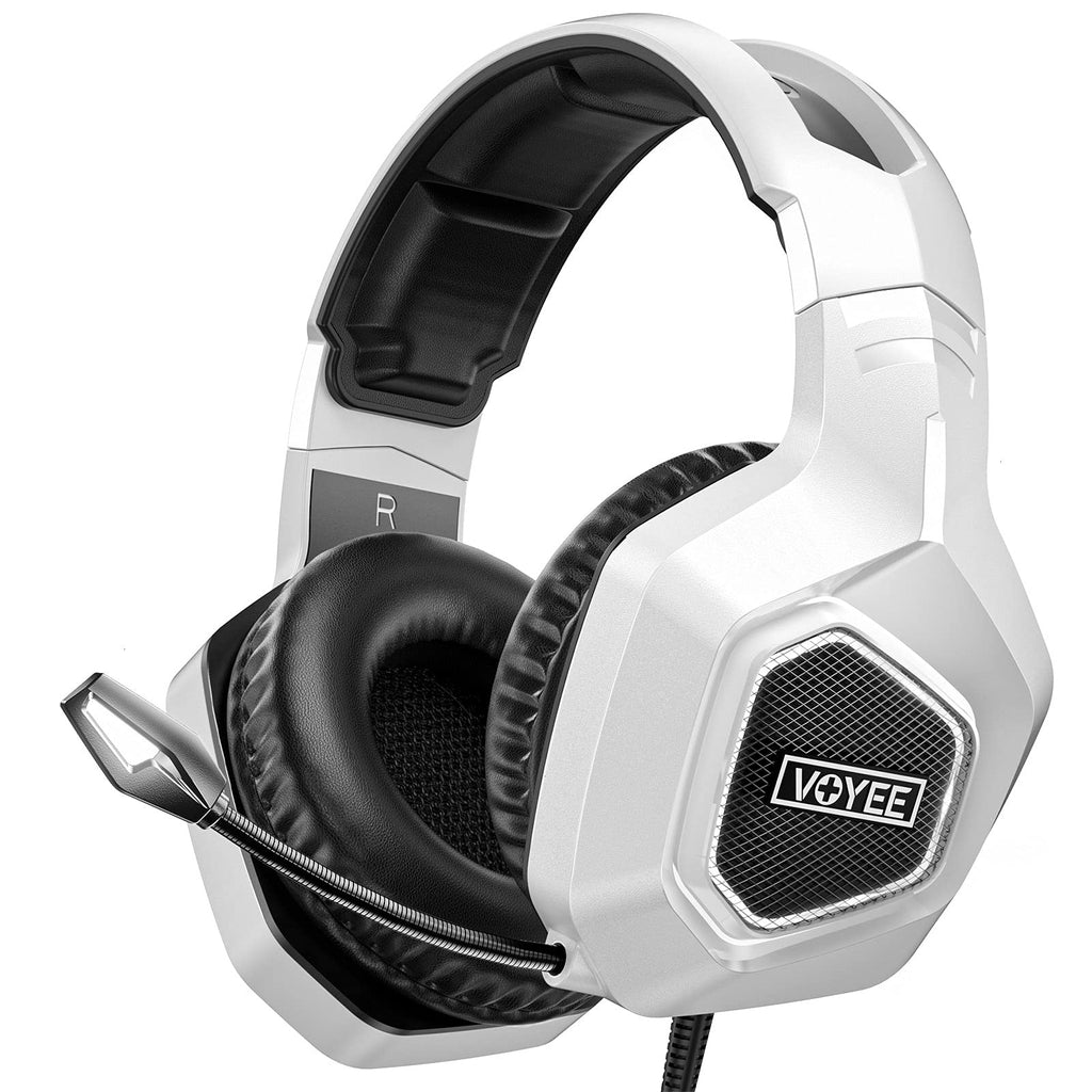 [Australia - AusPower] - Gaming Headset for Xbox One PC PS5 PS4, VOYEE Noise Isolation Stereo Over Ear Game Headphones with Microphone/LED Light/Bass Surround/Soft Memory Earmuffs (White) Black|White 