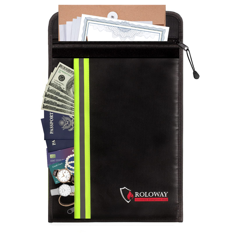 [Australia - AusPower] - ROLOWAY Fireproof Document Bag (15 x 11 inch) with 2 Pockets & Waterproof Zipper, Fireproof Money Bag, Fire Safe Bag with Reflective Strip, Fireproof Envelope for Cash, Legal Documents Safe (Black) Black 