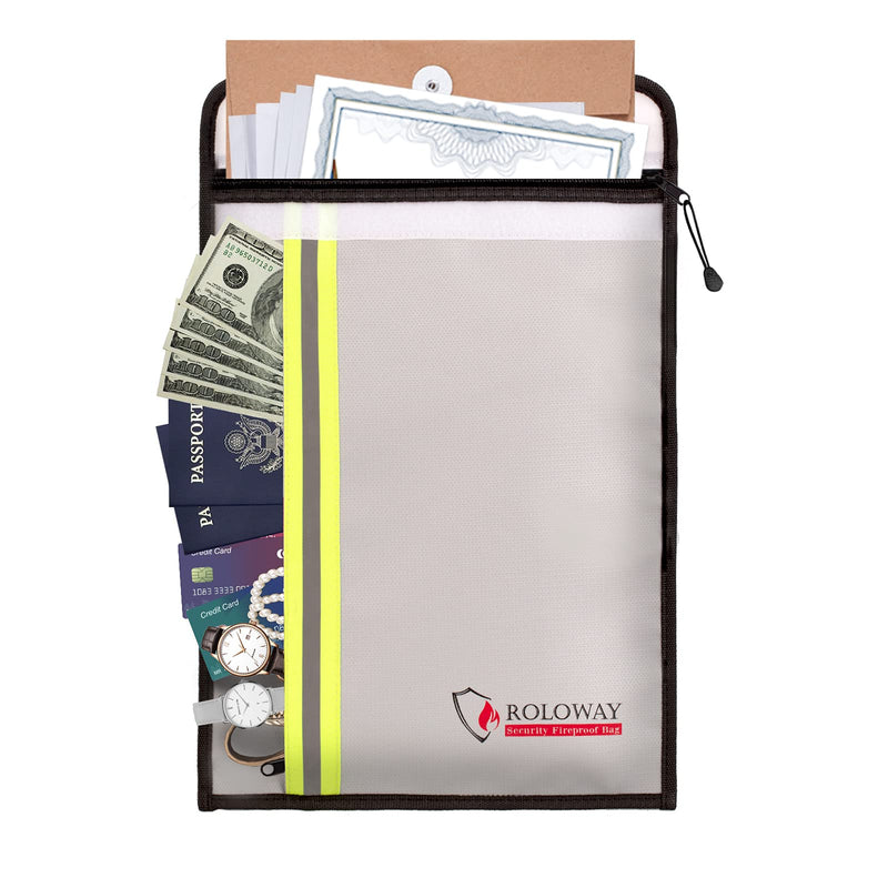 [Australia - AusPower] - ROLOWAY Fireproof Document Bag (15 x 11 inch) with 2 Pockets & Waterproof Zipper, Fireproof Money Bag, Fire Safe Bag with Reflective Strip, Fireproof Envelope for Cash, Legal Documents Safe (Silver) Silver 