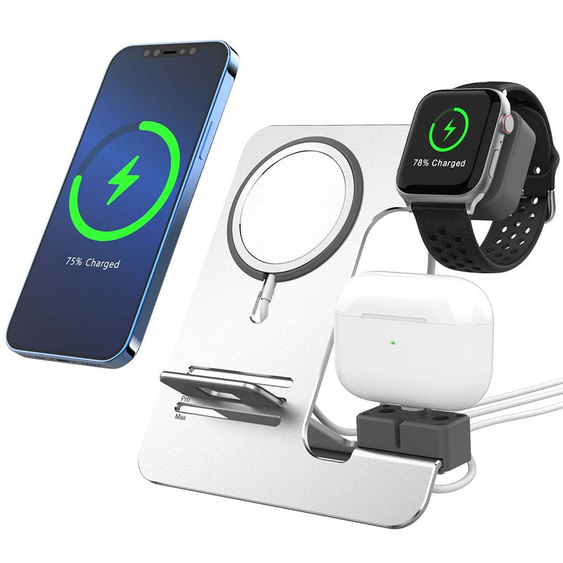[Australia - AusPower] - Generetic, 3 in 1 Charger Stand, Aluminum Holder, Compatible with MagSafe Accessories for Apple Watch AirPodsPro iPhone 12ProMaxMini, Cell Phone Dock, Cradle, Holder Office Desk, Silver 