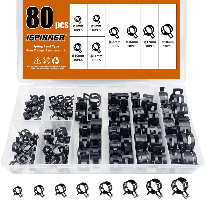 [Australia - AusPower] - ISPINNER 80pcs Spring Band Type Fuel/Silicone Vacuum Hose Pipe Clamp, 7mm-18mm Low Pressure Air Clip Clamp 7mm 9mm 10mm 11mm 14mm 16mm 17mm 18mm (Black) Black 