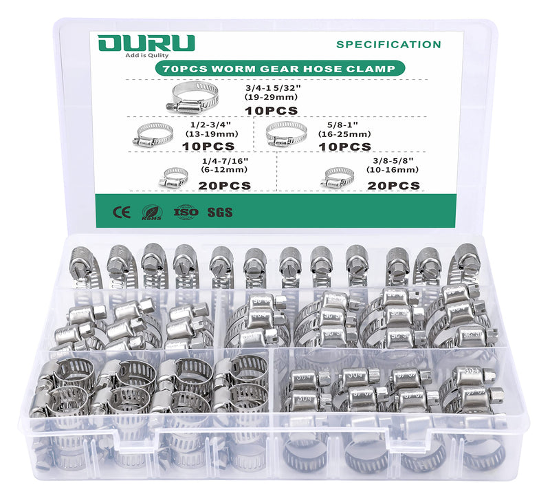[Australia - AusPower] - OURU 70PCS Hose Clamp Kit,6-29mm Range Adjustable 304 Stainless Steel Worm Gear Hose Clamps 1/4'' - 1 1/8'' for Water Pipe,Pipe Tube, Automotive,Garden,Mechanical Application(5 Sizes) 1/4"-1 23/32" 