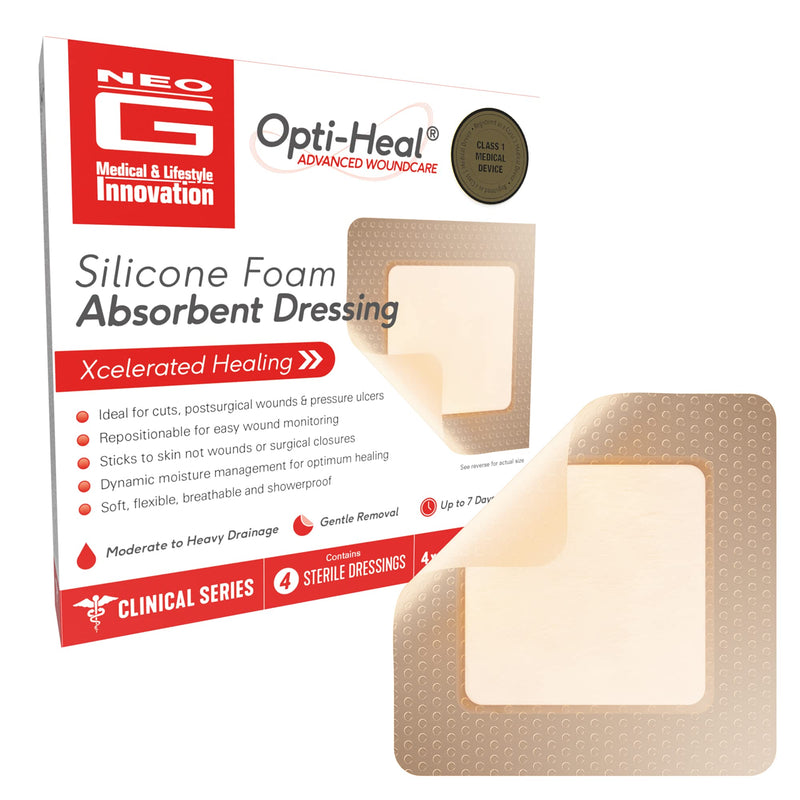 [Australia - AusPower] - Neo G Opti-Heal Silicone Foam Dressing with Border - Absorbent, Adhesive Foam Wound Dressing for Cuts, Ulcers, Diabetic Wound, Bedsore Wound Care, Burns, Surgical - Island Dressing 4x4-4 Pcs 
