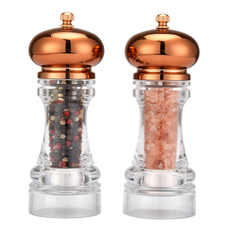 [Australia - AusPower] - 6 Inch Golden Crushgrind Salt and Pepper Mill ,Crystal Acrylic Shaker Mills with Gilded Lid, Salt and Pepper Grinder Set, Family and Restaurant Kitchen Use Seasoning Mills Pack of 2 (Rose gold) Rose Gold 