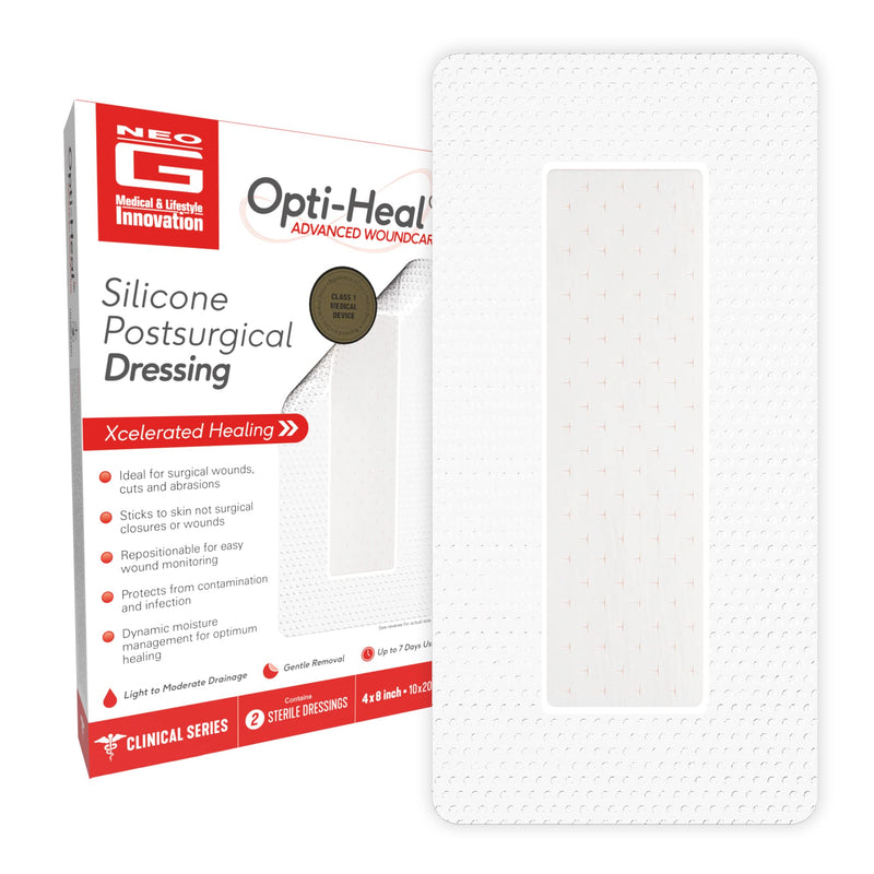 [Australia - AusPower] - Neo G Opti-Heal Silicone Surgical Dressing – Sterile Adhesive Bandages for Surgical Wounds, Cuts, Abrasions - Absorbent Barrier Island Dressing 4x8 - Waterproof Bandages Post Surgical- 2 Pack 
