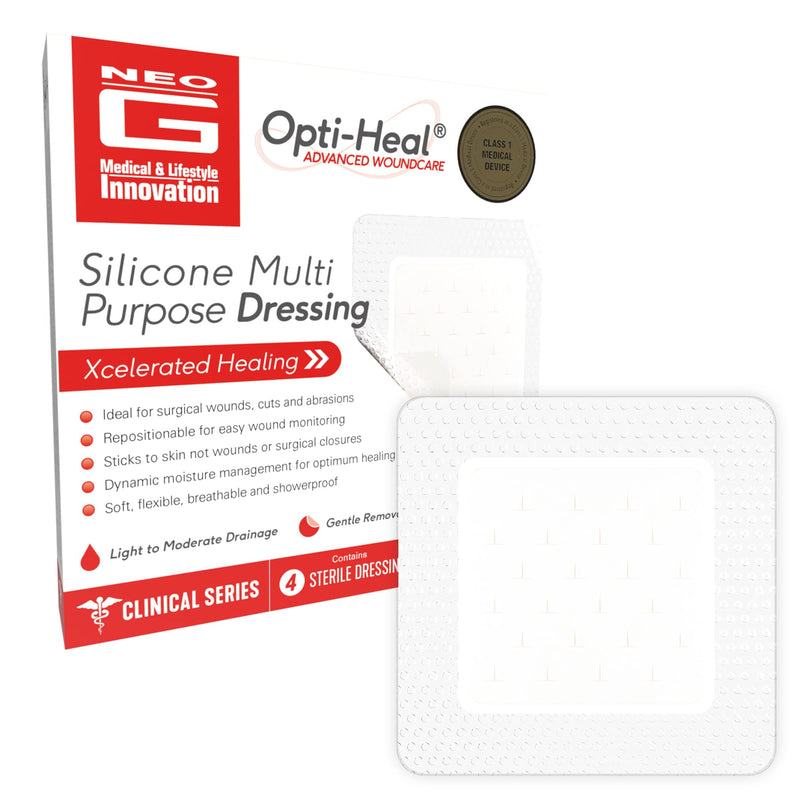 [Australia - AusPower] - Neo G Opti-Heal Silicone Multi Purpose Surgical Wound Dressing– Sterile Adhesive Bandages for Surgical Wounds, Cuts, Abrasions – Barrier Island Dressing 4x4 - Absorbent Breathable Waterproof 4 Pack 