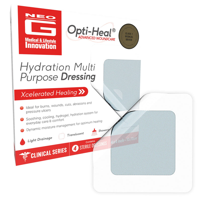 [Australia - AusPower] - Neo G Opti-Heal Hydration Multi Purpose Dressing - Hydrogel Wound Dressing Pads for Advanced Wound Management - Ulcer Dressing, Bed Sore Bandages, Diabetic Wound, Burn Dressing Gel 4 x 4-4 Pcs 