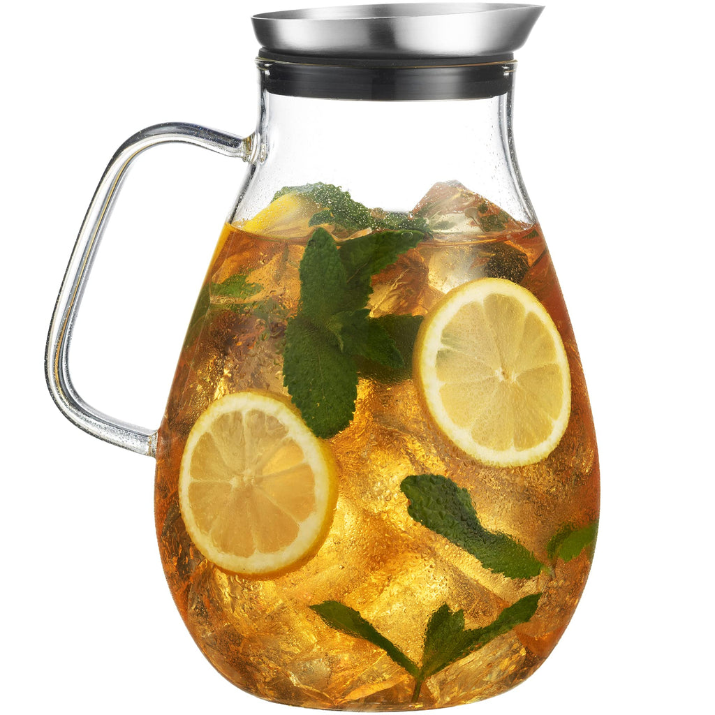 [Australia - AusPower] - MITBAK 60- OZ Glass Pitcher With Stainless Steel Lid | Beautiful Lightweight Beverage Jug Carafe With A Wide Handle | Great For Cold & Hot Drinks Like Tea, Lemonade, Juice, Water, Coffee, Cold Brew 