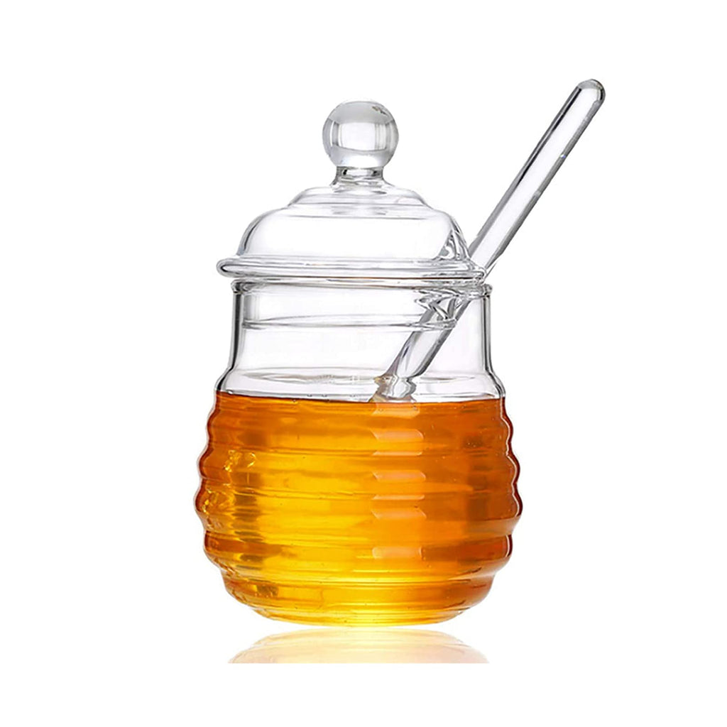 [Australia - AusPower] - Bee-hive Honey Jar Glass Honeypot, Honey Syrup Dispenser with Dipper and Lid for Home Kitchen, 15 Ounce(450ml), Clear 