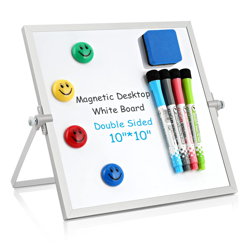 [Australia - AusPower] - Dry Erase White Board, Small Magnetic Desktop Whiteboard 10"X10" with Stand, 4 Markers, 4 Magnets, 1 Eraser, Portable Double-Sided White Board Easel for Kids/Drawing/Memo/to Do List/Wall/Desk/School 10*10 