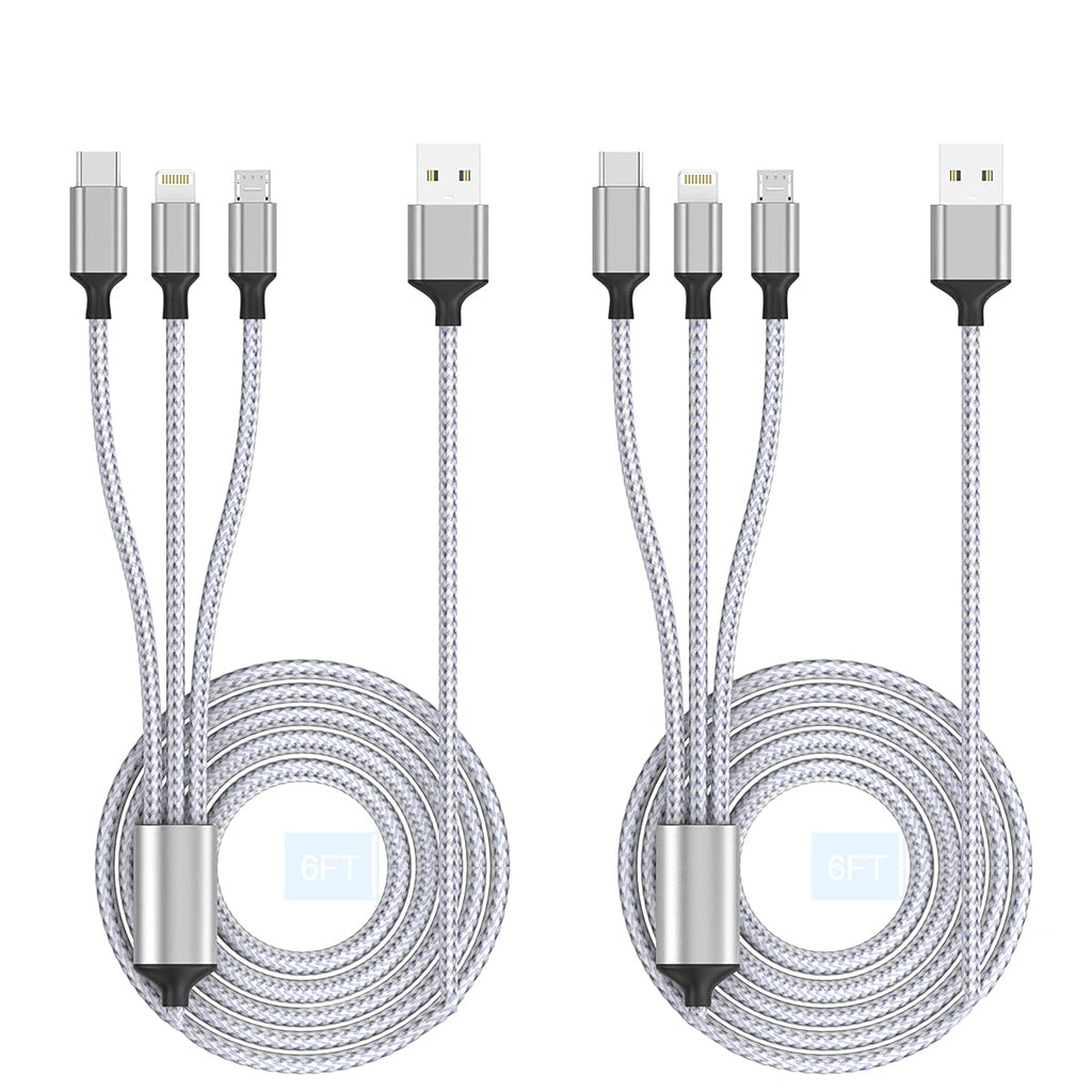 [Australia - AusPower] - MTAKYI 3 in 1 Multi Charger Cable 1.8M/6FT 2 Pack, Nylon Braided USB Multi Charging Cable Universal Phone Charger Cord Adapter with Lightning/Type C/Micro USB Connector, for Phones Tablets and More 1.8M 3 in 1 Silver 