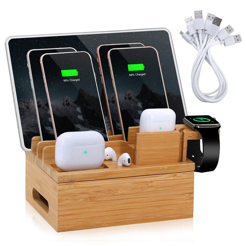 [Australia - AusPower] - Bamboo Charging Station Organizer, Desktop Docking Station Holder, Compatible with Earbuds, Smart Watch, Cell Phone, Tablet (Included 6 Charging Cables, No Power Supply) Without HUB 