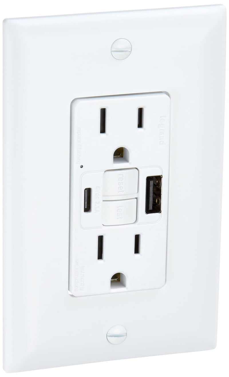 [Australia - AusPower] - Legrand Radiant® USB GFCI Outlet, 15A Tamper-Resistant, Self-Test, Type-A/C, White, 1597TRUSBACW 
