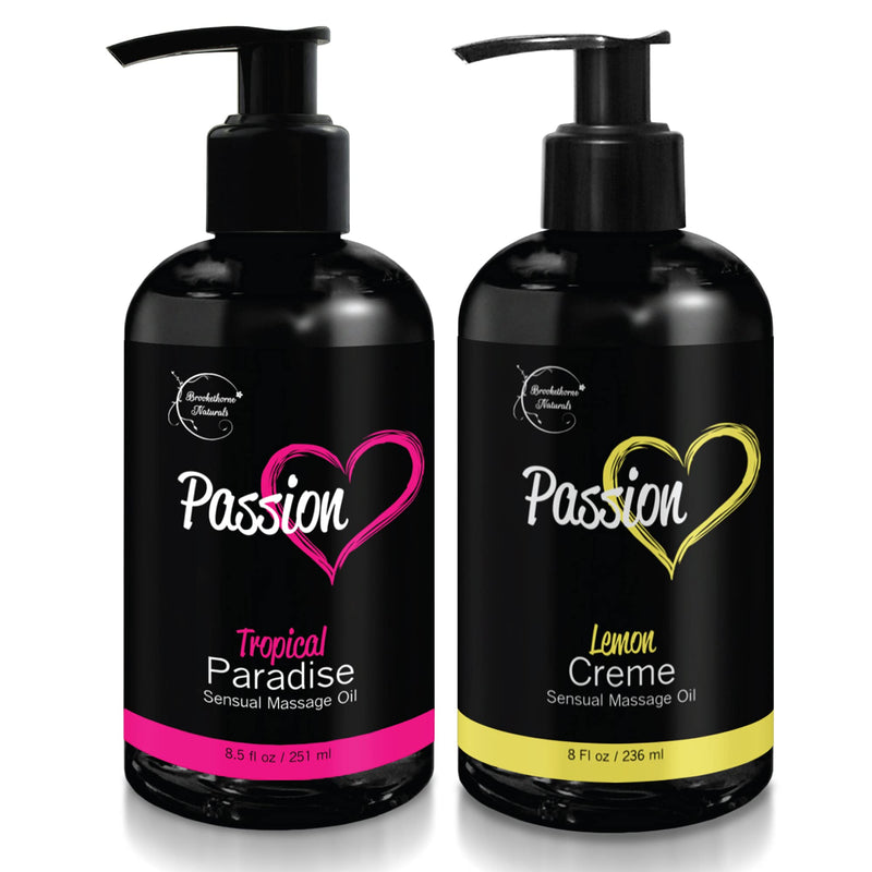 [Australia - AusPower] - Passion Sensual Massage Oil for Couples – Set of 2 Massaging Oils Lemon Crème & Tropical Paradise. All Natural with Almond & Jojoba Oils. Great for Women & Men. Full Body Oil for Romance & Relaxation 2 Piece Assortment 