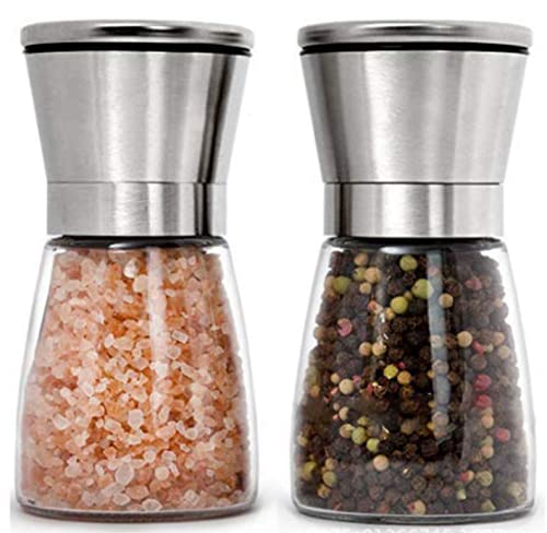 [Australia - AusPower] - Stainless Steel Salt and Pepper Grinders refillable Set - Short Glass Shakers with Adjustable Coarseness for sea salt, black peppercorn, or spices - Salt and Pepper Mill set 