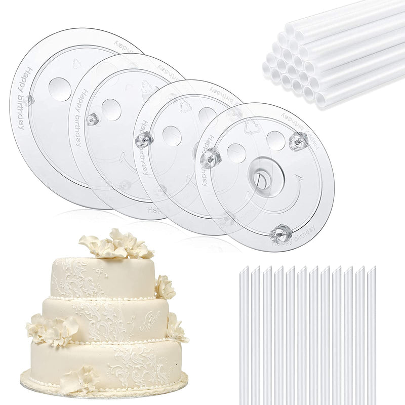 [Australia - AusPower] - Cake Sticks Support Rods with Cake Board Drums,White Plastic Cake Separator Plates for Chic Multi-Tiered Cake in The Party,Wedding,Birthday,4PCS Plates with 32 PCS Rods 