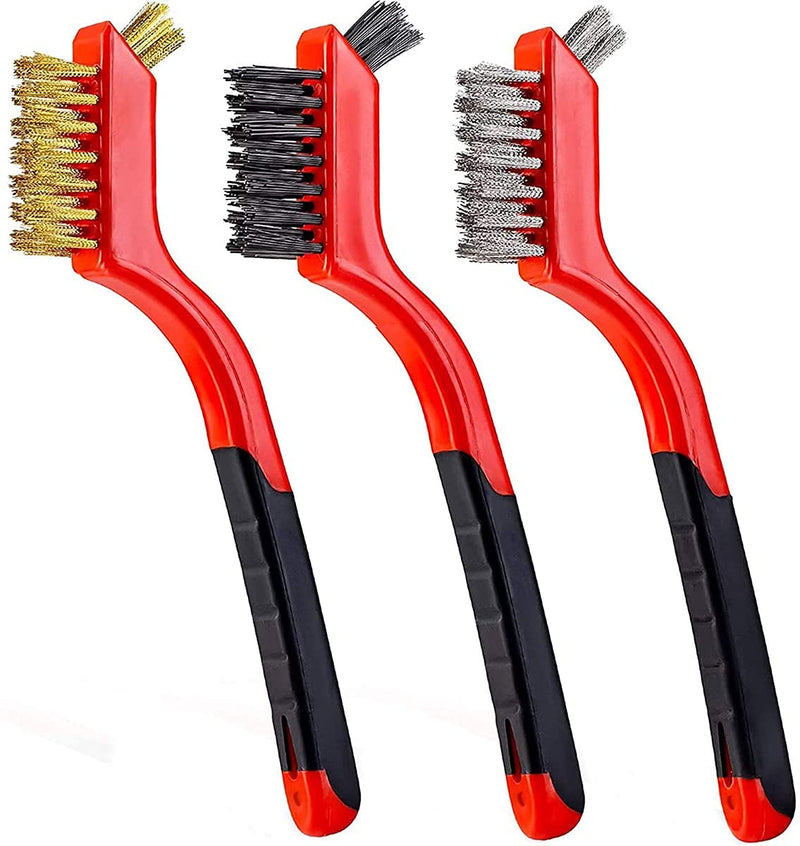[Australia - AusPower] - QIXIAN Wire Brush Set 3pieces - Curved Handle Steel Brush, Brass, Nylon, Stainless Steel Brush Head, Used for deep Cleaning of Rust, Dirt, Paint scrubbing and Hard-to-Reach Areas ，7 Inches (Red) 