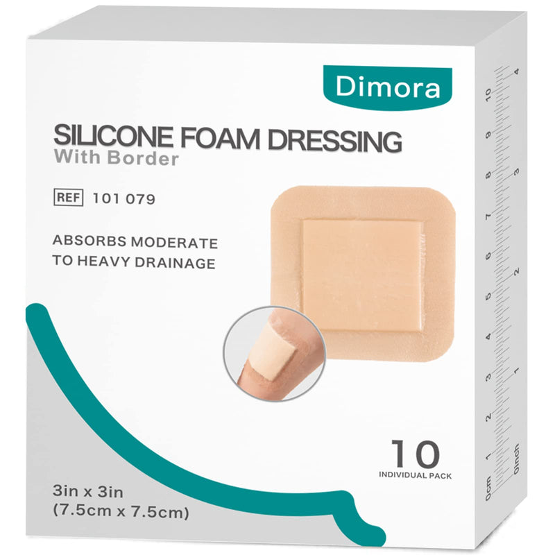 [Australia - AusPower] - Dimora Silicone Foam Dressing with Border Adhesive 3"x3" Waterproof Wound Dressing Bandage for Wound Care 10 Pack 3x3 Inch (Pack of 10) 