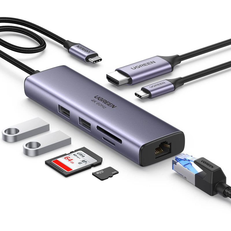 [Australia - AusPower] - UGREEN USB C Hub 4K@60Hz, USB to HDMI Multiport Adapter, 7-in-1 USB Hub for Laptop, 1Gbps Ethernet, 100W PD, SD/TF Card Reader, 2 USB 3.0 Ports, Docking Station Compatible with MacBook, iPad, Surface 