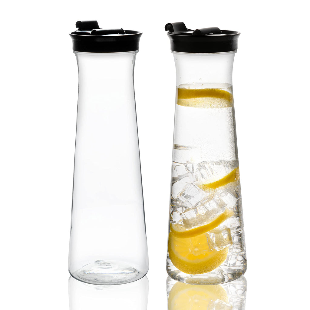 [Australia - AusPower] - Clear Plastic Water Pitchers Carafes with Flip top Black Lids 34 OZ Heavy Duty Beverage Pitcher Jug for Juice or iced Coffee Great for Mimosa bar Restuarants ot Schools Pack of 2 