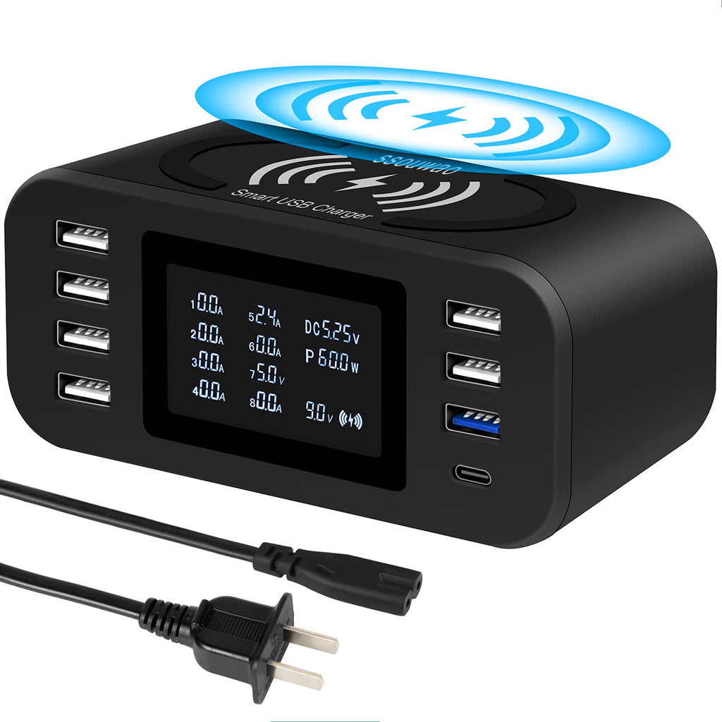 [Australia - AusPower] - USB Charger, ssouwao 60W/12A-8 Ports Desktop USB Charging Station with LCD Display, QC 3.0 & USB C Charger Hub Wireless Charger for iPhone 12 Pro Max XS, iPad Pro Air Mini, Samsung, Tablet and More Black 