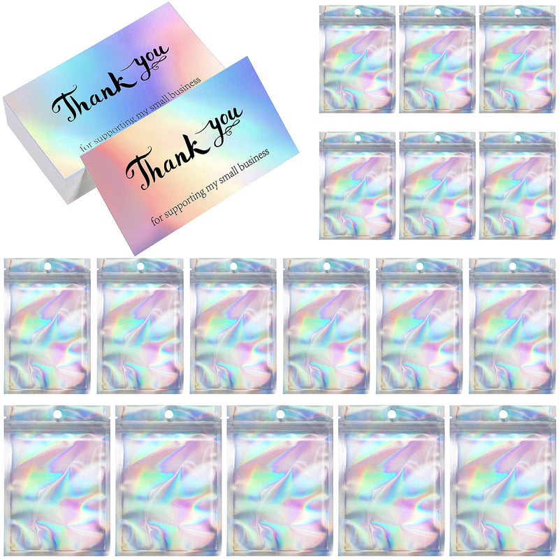 [Australia - AusPower] - 240 Thank You Cards Set, 130 Pieces Rainbow Holographic Sliver Thank You Cards 110 Pieces for Supporting My Small Business Gratitude Card Resealable Packaging for Business Owners Sellers 