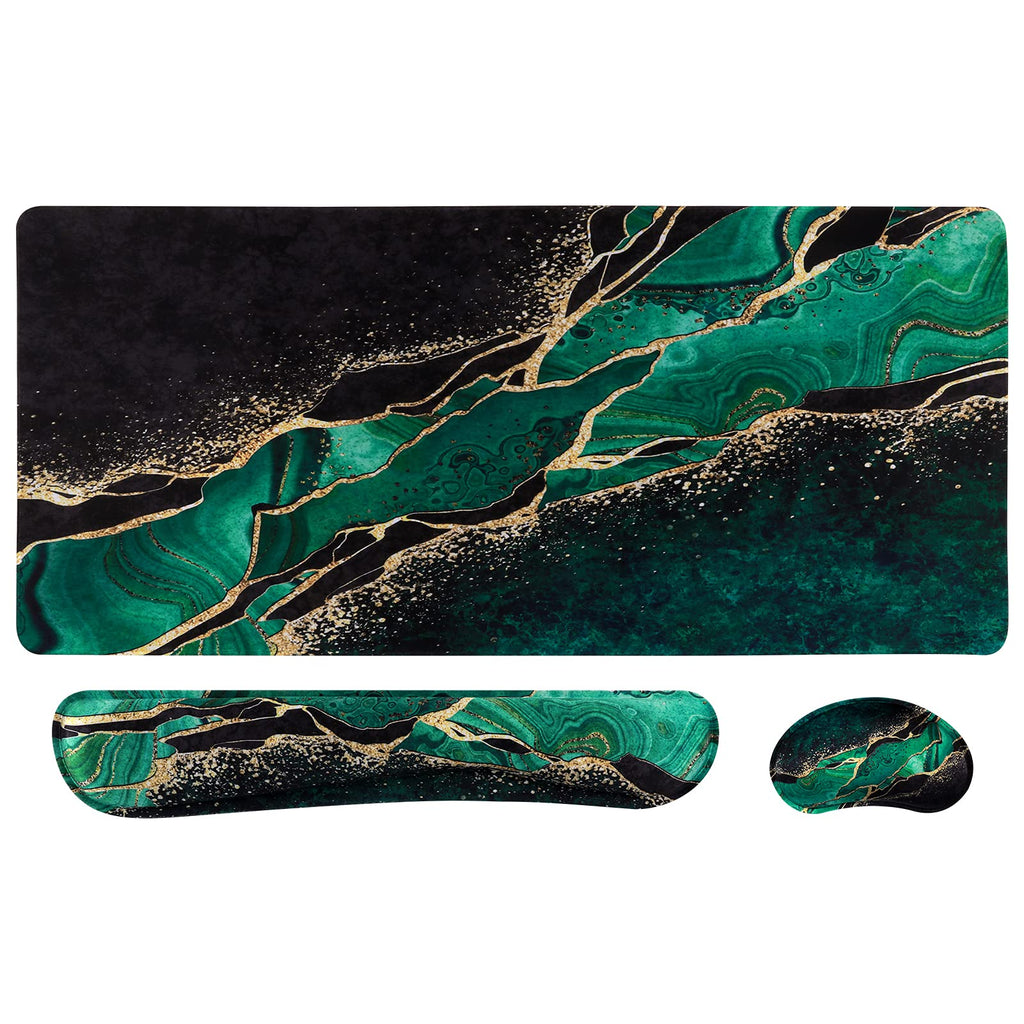 [Australia - AusPower] - Artiron Mouse Pad Set, Memory Foam Ergonomic Keyboard Mouse Wrist Rest, Extended Desk Pad with Stitched Edges (35.4 x 15.7 in),Non-Slip Waterproof Mouse Pad for Home Office Study Game Malachite Marble 