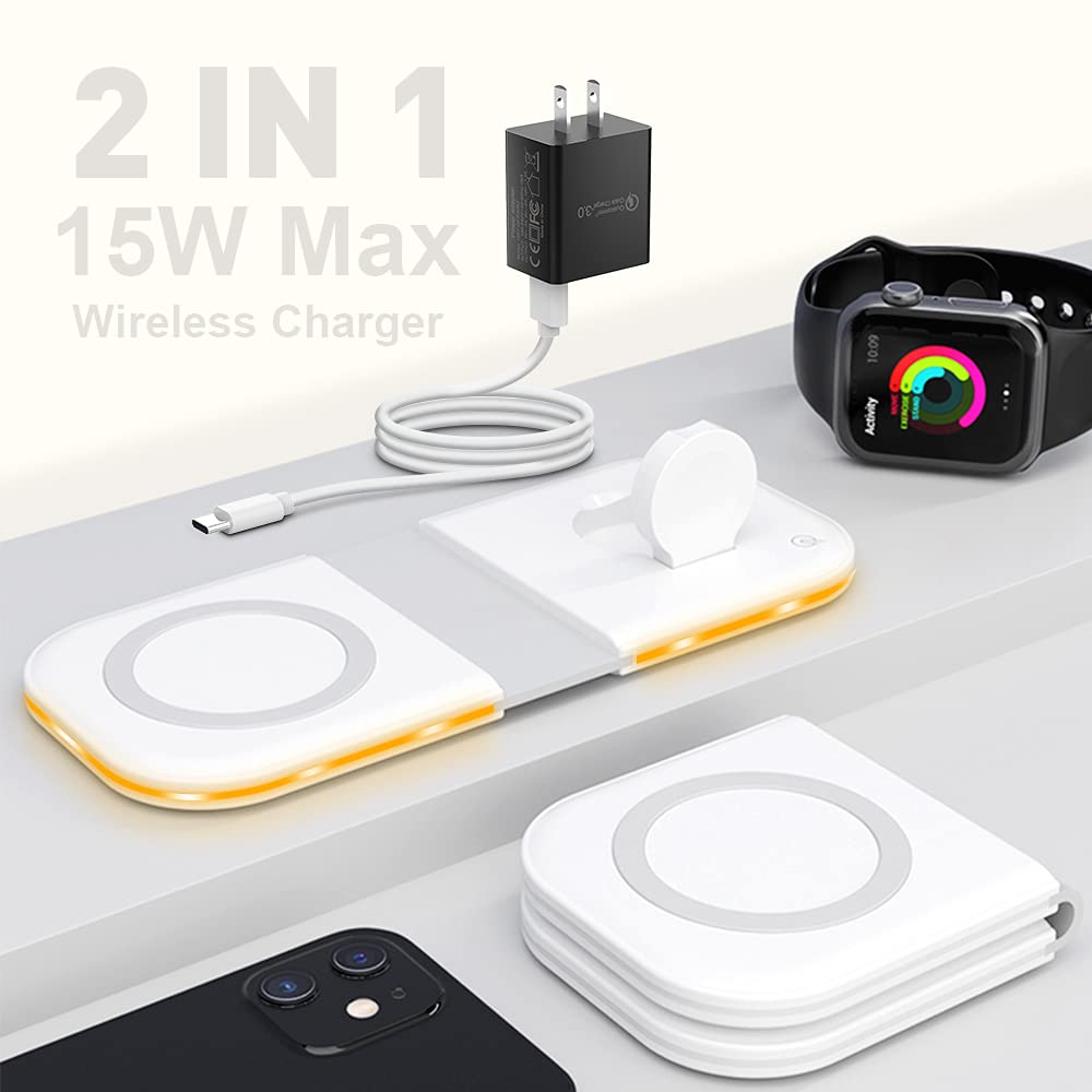 [Australia - AusPower] - Update 2 in 1 Magnetic Wireless Charger Duo Wireless Charging Pad, Qi-Certified 15W Foldable Charging Dock Power Station Compatible for iPhone 12/11 Series, AirPods, Watch Series SE/6/5/4/3/2/1 