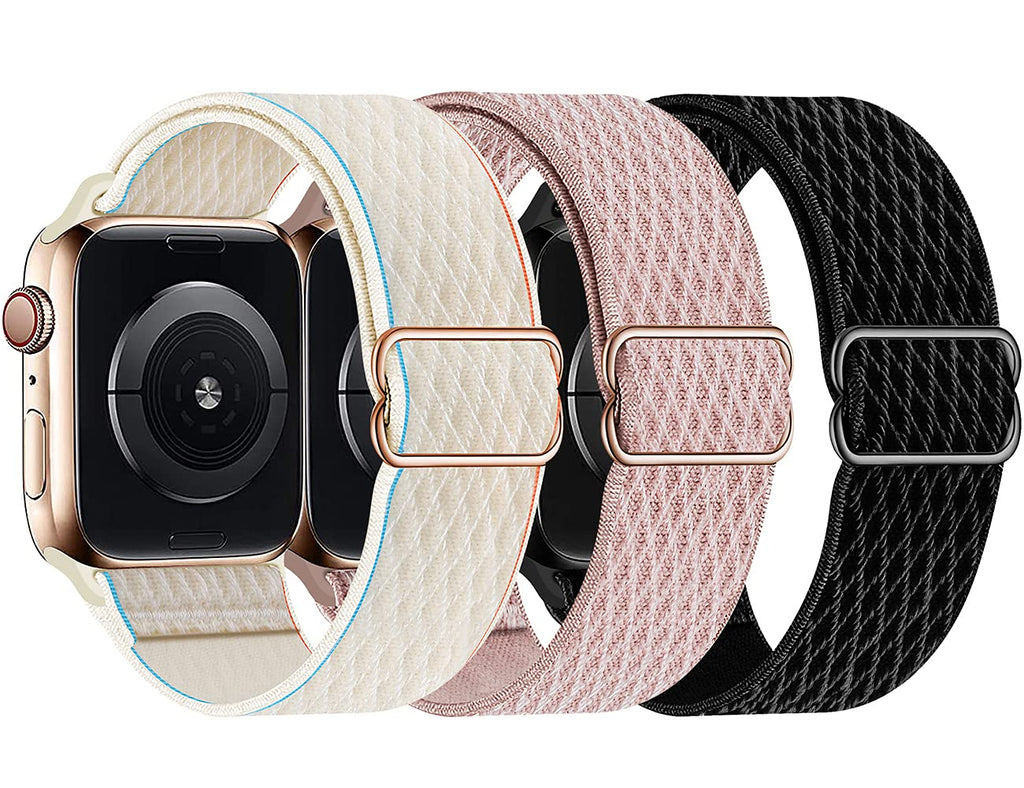 [Australia - AusPower] - Swhatty Stretchy Nylon Solo Loop Bands Compatible with Apple Watch 41mm 40mm 38mm, Adjustable Braided Sport Elastics Women Men Strap for iWatch Series 7 6 5 4 3 2 1 SE (Black, Rose pink, Cream) Black/Rose Pink/Cream 38mm/40mm/41mm 