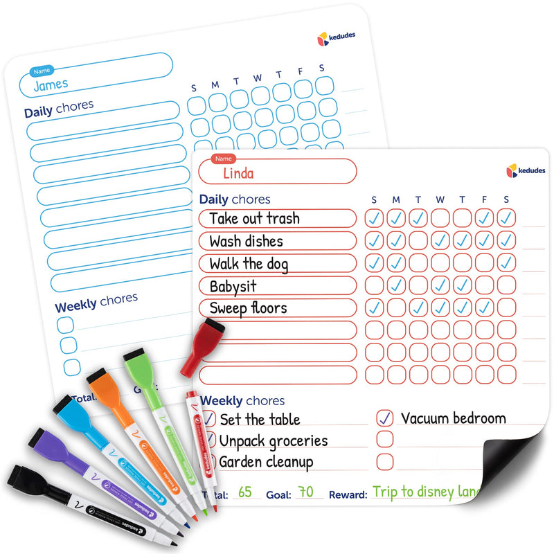 [Australia - AusPower] - Dry Erase Behavior & Chore Chart – Individual Magnetic White Board Reward & Chores Chart Set for 2 Kids + 6 Colored Markers with Eraser Caps – Family, Teacher, School & Homeschool Supplies by Kedudes 