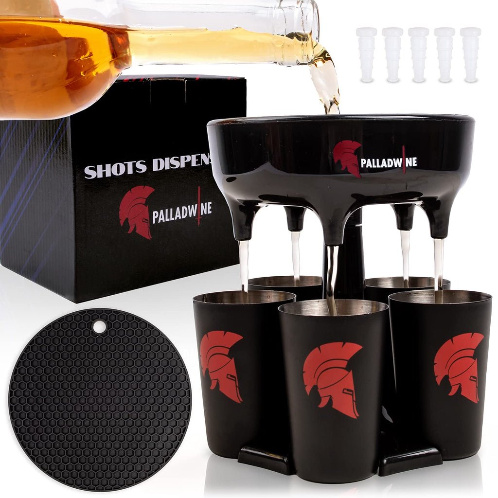 [Australia - AusPower] - Spear Shot Dispenser with 5 Glasses Pack Premium Quality Hard Plastic Liquid Pourer and Holder - Durable Stainless Steel Glass Smart Gadget Multiple Shots for Party Fiesta Holiday with Family Friends 