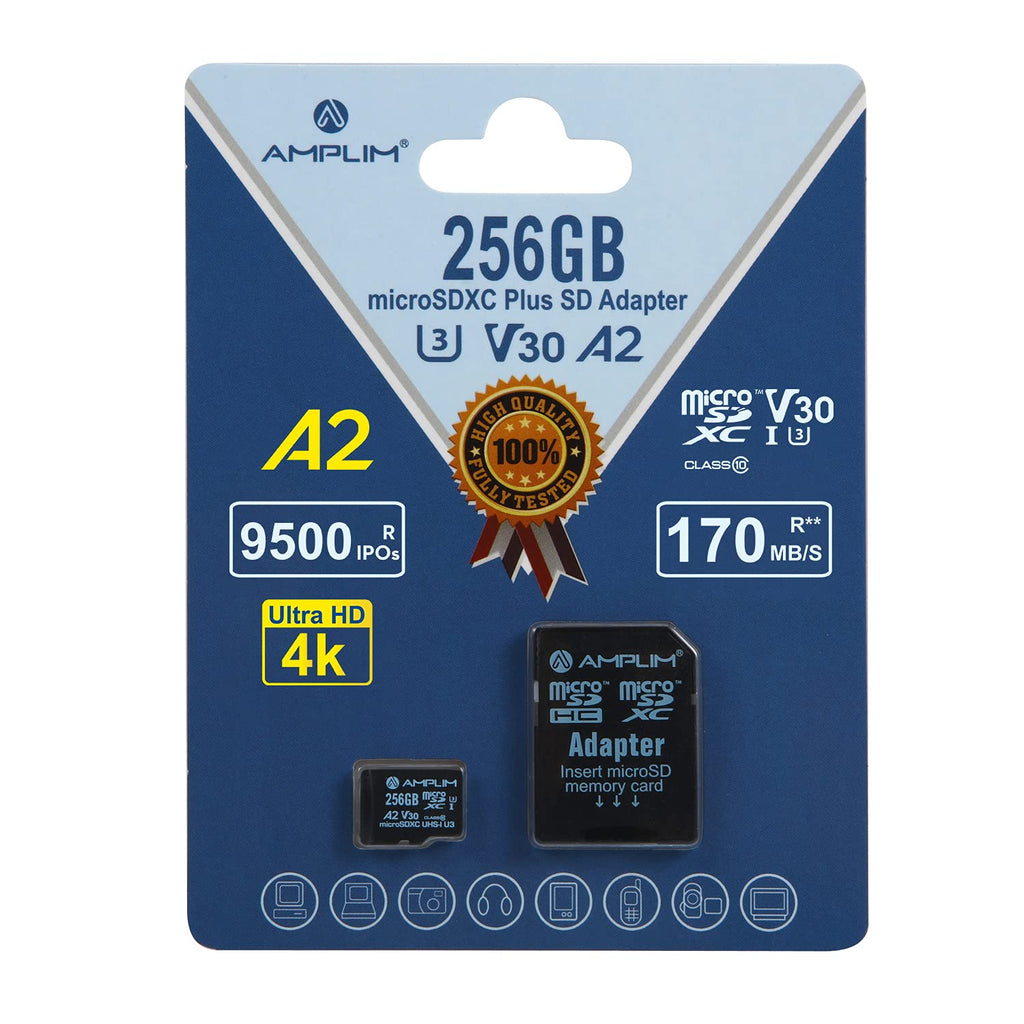 [Australia - AusPower] - Amplim 256GB Micro SD Card, 256 GB MicroSD Memory Plus Adapter, Extreme High Speed 170MB/S A2 MicroSDXC U3 Class 10 V30 UHS-I for Nintendo-Switch, GoPro Hero, Surface, Phone, Camera Cam, Tablet 256GB A2 