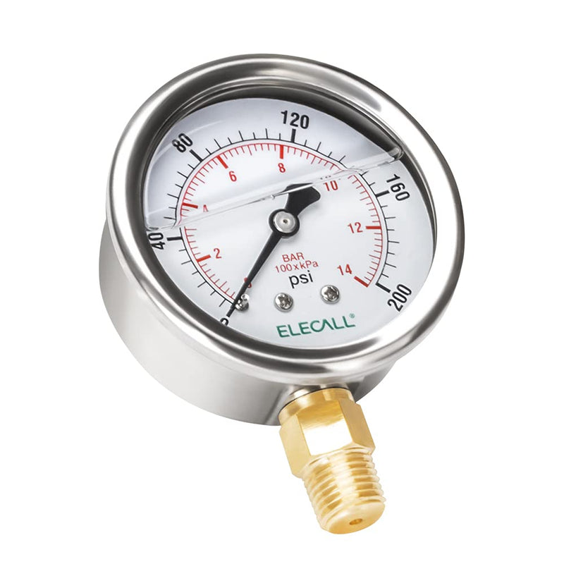 [Australia - AusPower] - ELECALL 200psi Silicone Oil Filled Pressure Gauge for Water Oil Air Fuel Pressure Test in Pool Pump Sand Filter Air Compressor Water System, 2-1/2"Stainless Steel Case, Bottom Mount 1/4"NPT 0-200 Psi Lower Mount 