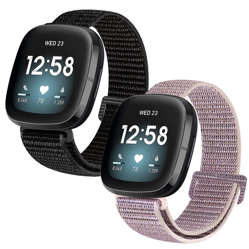[Australia - AusPower] - XFYELE Nylon Loop Watch Bands Compatible with Fitbit Versa 3/Fitbit Sense, Breathable Adjustable Sport Watch Strap for Women Men Deep Black+Pink Sand 