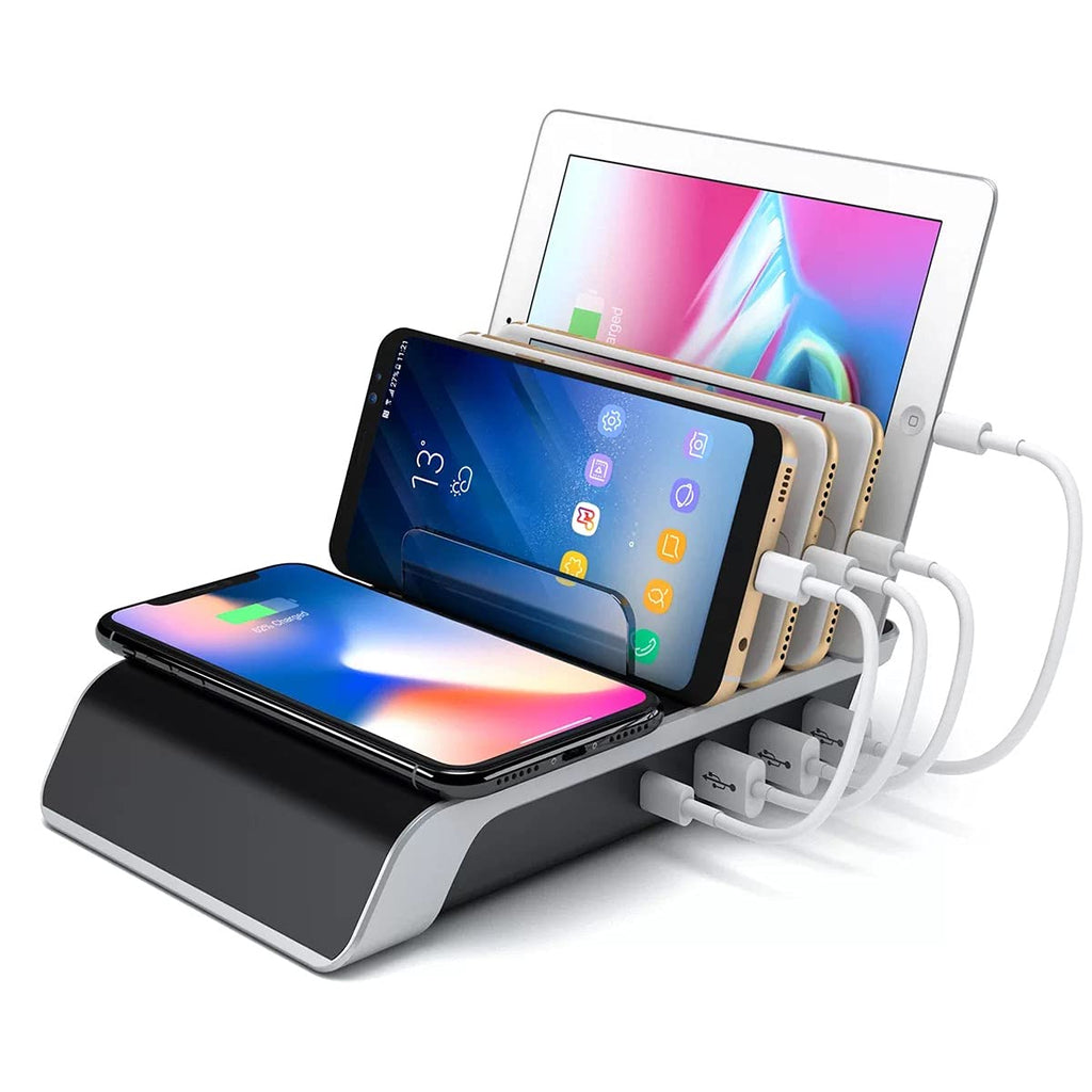 [Australia - AusPower] - Charging Station for Multiple Devices 5 in 1, Charger Station 3 USB Total 5.8A + 1 USB C Ports 3A + 1 Wireless Dock 15W, Universal Desktop Phone Charger, Charging Station Organizer for iPhone/Samsung Multi-Colored 