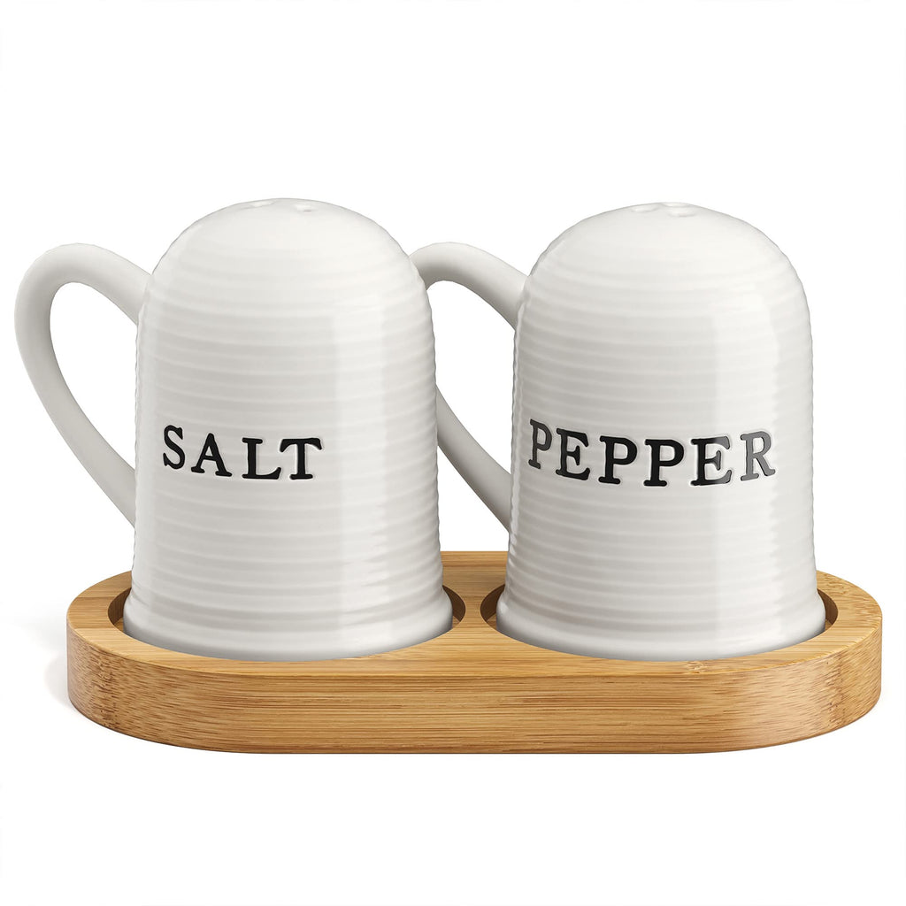 [Australia - AusPower] - Barnyard Designs Ceramic Salt and Pepper Shaker Set, Novelty Salt and Pepper Holders with Handles on Wooden Tray, Vintage Kitchen and Table Decor, 2.25" x 2.75" Shakers on 5.25" Tray, White 