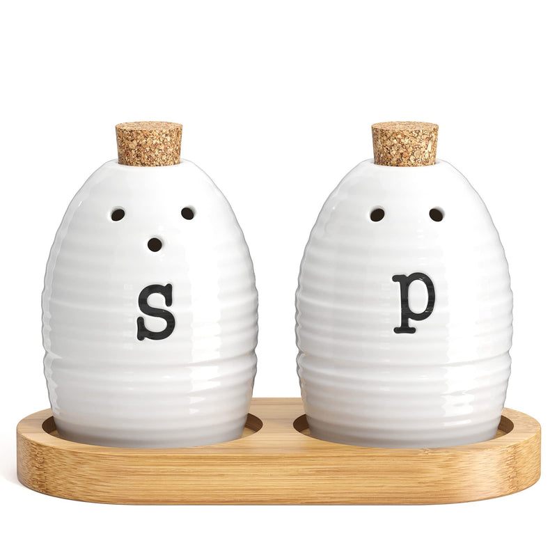 [Australia - AusPower] - Barnyard Designs Ceramic Salt and Pepper Shaker Set, Novelty Salt and Pepper Holders with Cork Stoppers on Wooden Tray, Vintage Kitchen and Table Decor, 2" x 3" Shakers on 5.25" Tray, White 