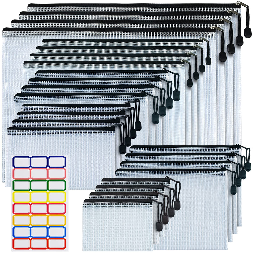[Australia - AusPower] - Mesh Zipper Pouches, 24PCS Multisize Plastic Zipper File Folders, Waterproof Zipper File Bags Document Pouch for Office, Supplies,Makeup, Board Game Storage(Black) Black Multisize(B4,A4,B5,A5,A6,B8) 
