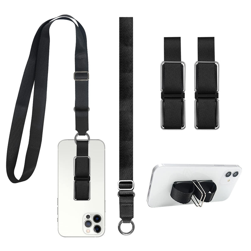 [Australia - AusPower] - Phone Lanyard, 2 Pack Adjustable 3 in 1 Wrist Lanyard and Phone Grip Finger Holder with Phone Strap for Around The Neck Black+black 