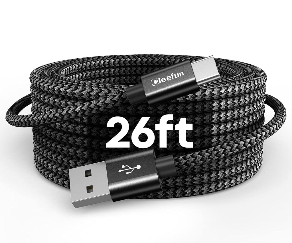 [Australia - AusPower] - Long USB C Cable, CLEEFUN [26ft/8m] USB A 2.0 to Type C Cable Nylon Braided Charging Cord Compatible with PS5 Controller, Switch, Samsung Galaxy Note, Moto, LG & More USB-C Phone Tablet Camera Charger 26ft Dark Black 