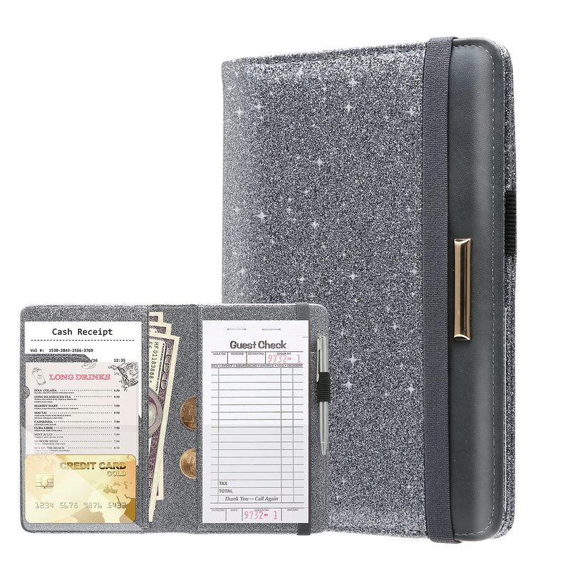 [Australia - AusPower] - MCmolis Server Books for Waitress - Leather Waitress Book Server Wallet with Elastic Bandage Closure - Organizer with Money Pocket Fit Server Apron - Sparkly Serving Accessory-Glitter Grey A- Glitter Grey 
