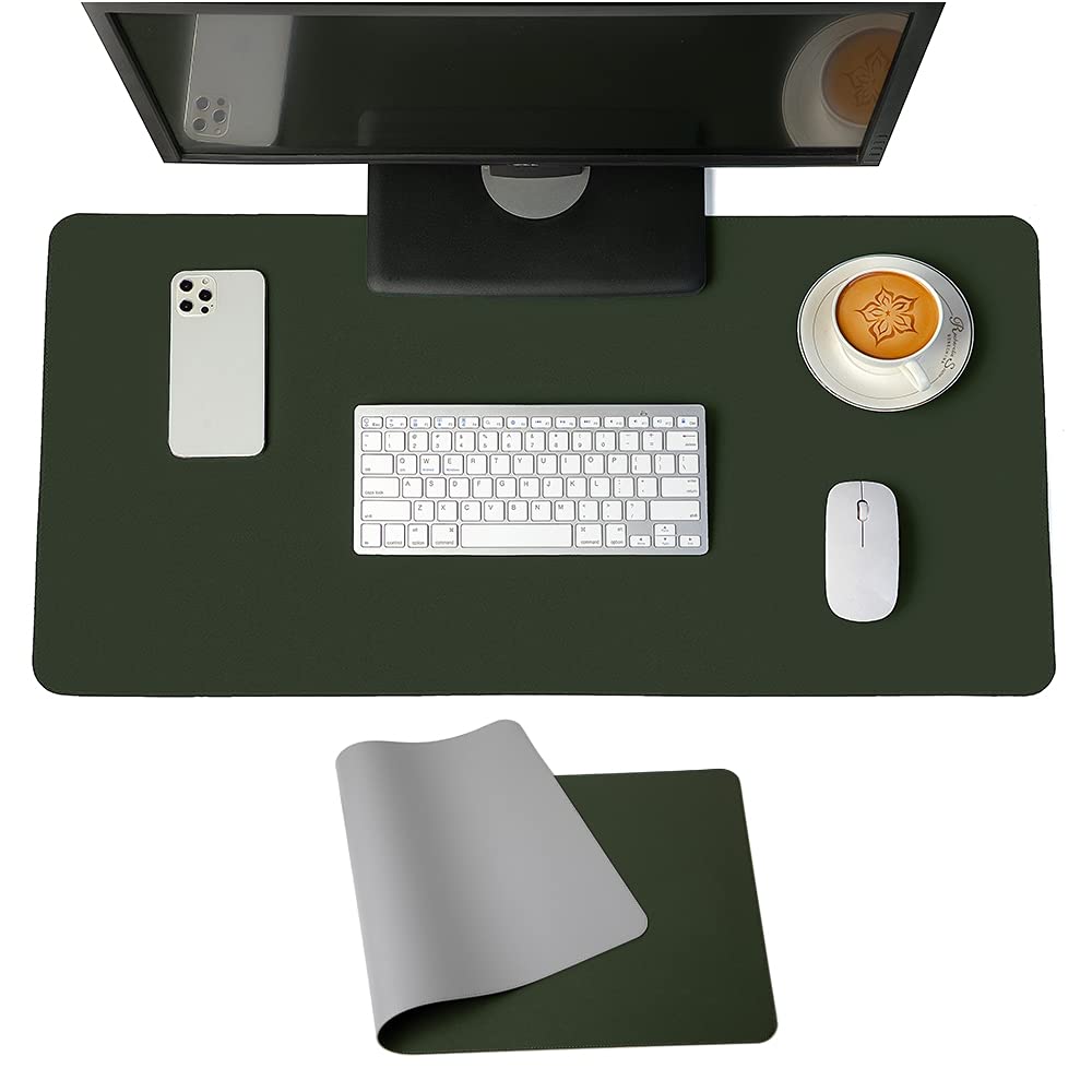 [Australia - AusPower] - Double-Sided Multi-Color Waterproof Desk mat Decoration Upgrade Sewing PU Leather Large Keyboard and Mouse pad Writing pad 31.5X 15.7 inches (Gray + Dark Green) Gray/Dark Green 