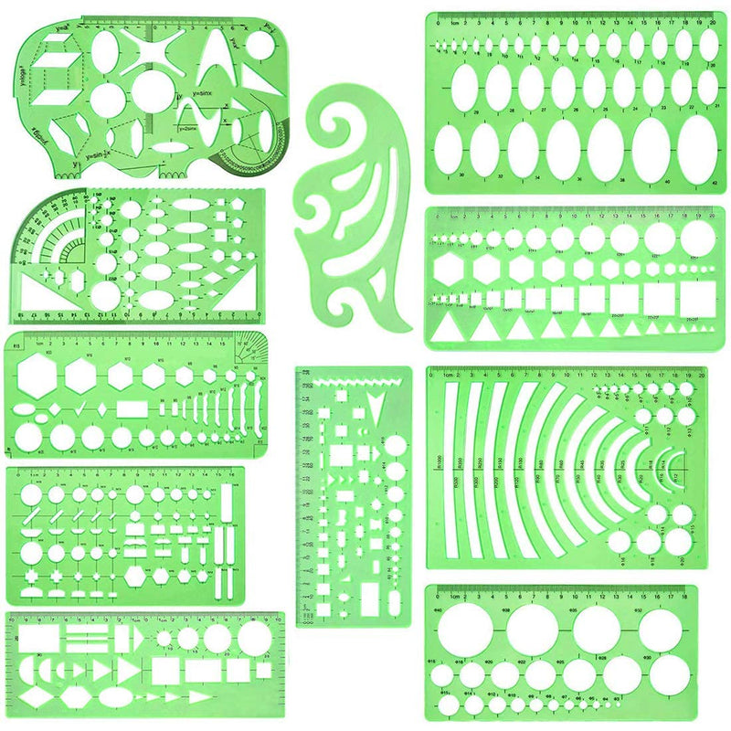 [Australia - AusPower] - 11 Pieces drawing Template Plastic rulers, geometric figure Stencils measuring ruler, transparent green plastic ruler, portable, Engineering drawing building school office supplies template 