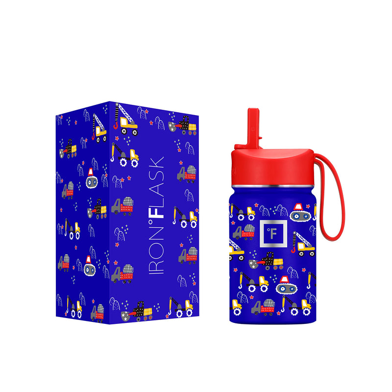 [Australia - AusPower] - IRON °FLASK Kids Water Bottle - 10 Oz, Straw Lid, 20 Name Stickers, Vacuum Insulated Stainless Steel, Double Walled Tumbler Travel Cup, Thermo Mug, Metal Canteen Construction Zone 