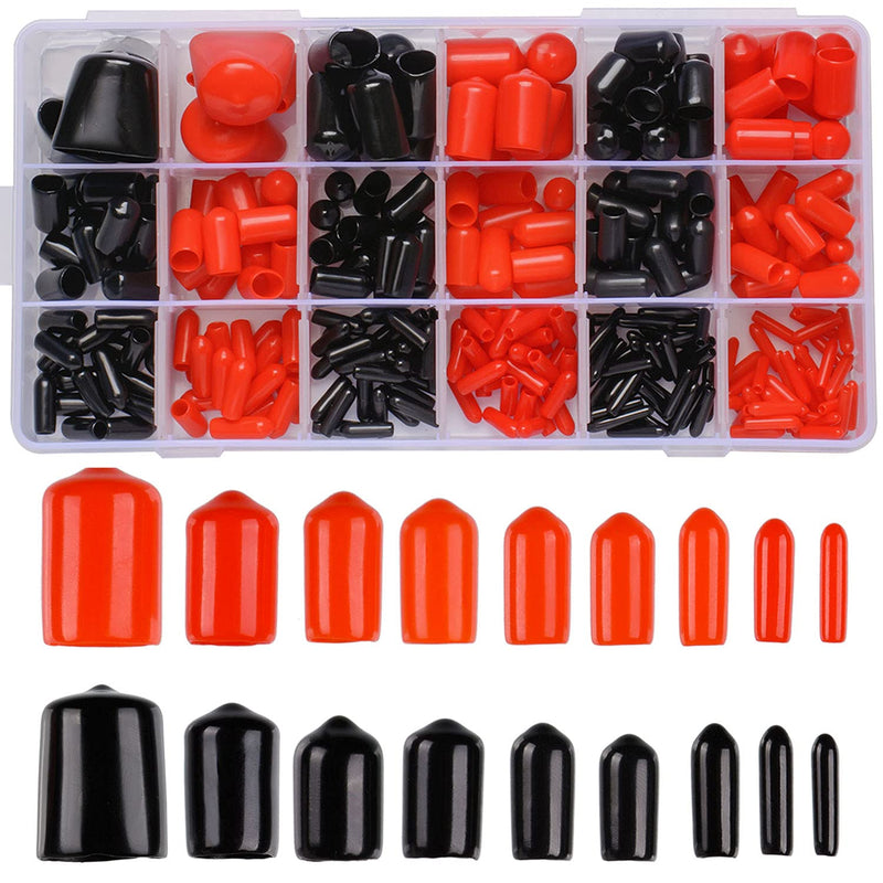 [Australia - AusPower] - 300 Pieces Vinyl End Caps Black and Red Screw Bolt Screw Rubber Thread Protector Safety Cover in 9 Sizes Form 0.08 to 0.8 Inch Red and Black 
