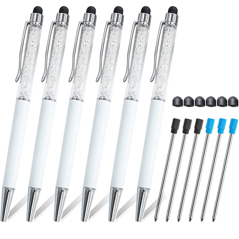 [Australia - AusPower] - 6 PCS Stylus Pens, YDSimple 2 in 1 Stylus Pens for Touch Screens, 0.7mm Crystal Stylus and Ballpoint Pens, Premium Pens with Stylus Tips with 6Pcs Replacement Refills for School (White) White 