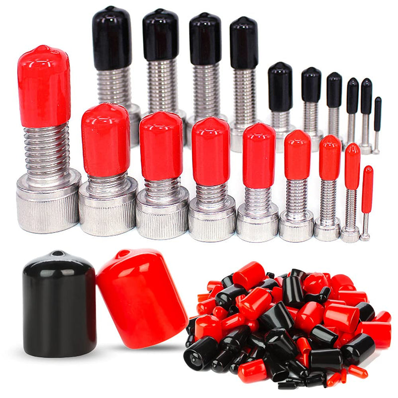 [Australia - AusPower] - 200PCs Vinyl Flexible Rubber End Caps, PVC Bolt Screw Caps Thread Protector Covers in 10 Sizes from 2/25" to 4/5", Safety Covers for Pipe Post Hose Assortment Kit (Black+Red) 